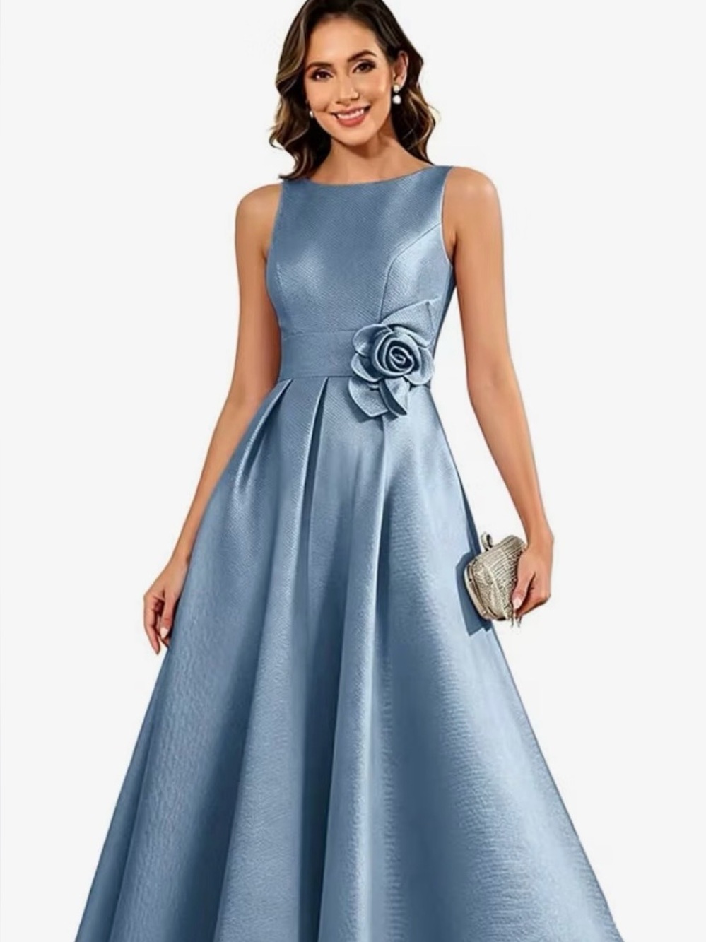 Sleeveless Blue Cocktail Dress with Waist Floral Detail